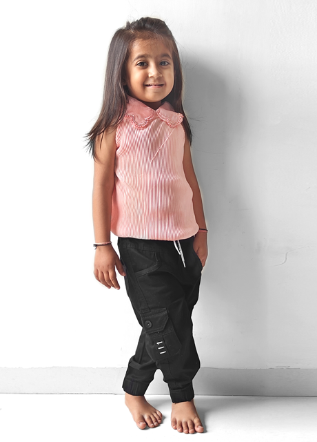 Peach Seashell Top Black Cargo Pants Set for Girls – Stylish